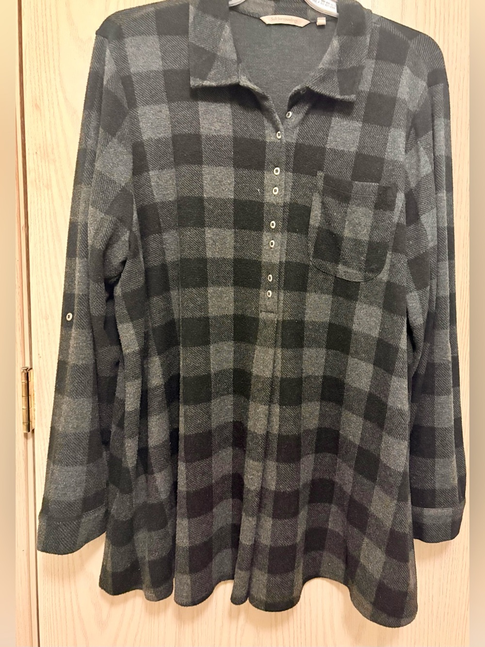 Soft Surroundings Luscious Soft Black and Gray Plaid Button-Up Tunic Shirt